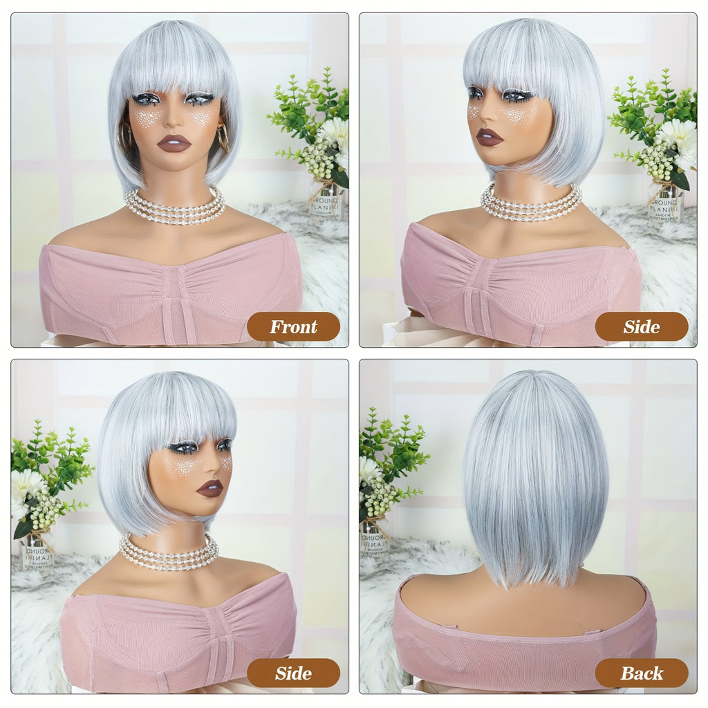 8 Inch Short Straight Gray Wig with Bang for Women Costume Cosplay Wig Or Daily Use