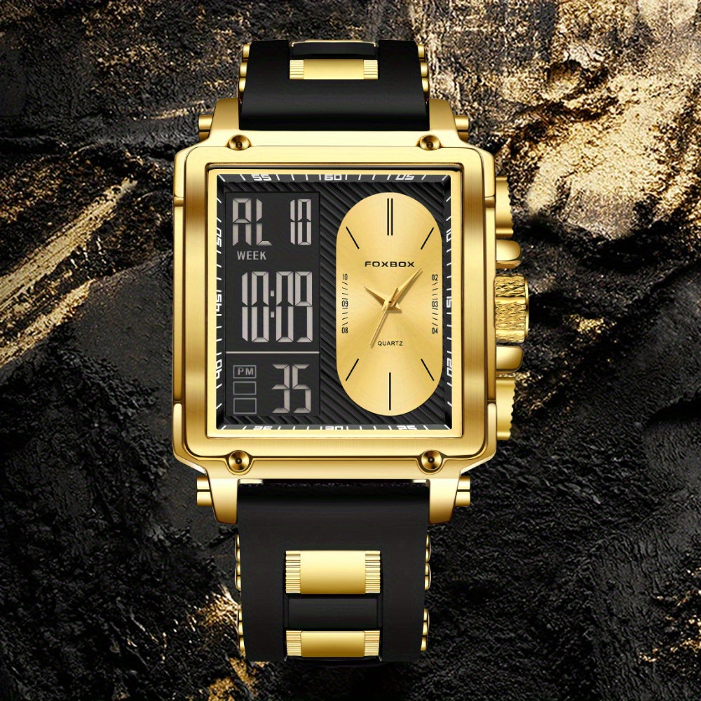 LIGE Men's Luxury Dual Display Business Watch - Golden & Black Quartz Chronograph with World Time, Stopwatch, Date Display, Square Face, Battery-Powered - Ideal for Father's Day & Christmas Gifts, Versatile Wristwatch, Modern Square Face, Sophisticated St