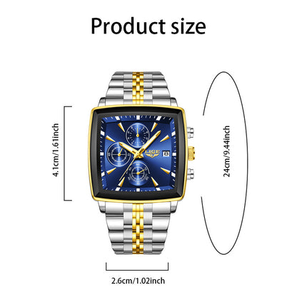 Square Watch for Men LIGE Quartz Analog Wristwatch with Calendar Display, Stainless Steel Band, Multi-Color Fashion Sport Watch