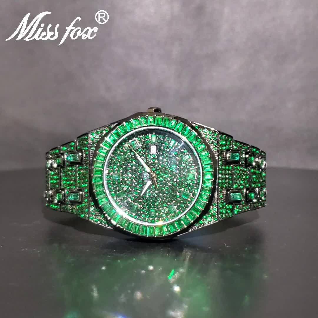 MISSFOX Fashion Green Watch For Mens Luxury Iced Out Quartz Watch Mans Hip Hop Square Rhinestone Jewelry Wristwatch Reloj 2024 New