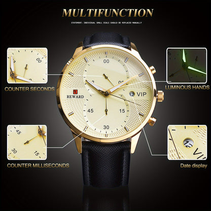 Men's Quartz Watch with PU Leather Strap, Date & Stopwatch — Gift Box Included | Golden & Blue