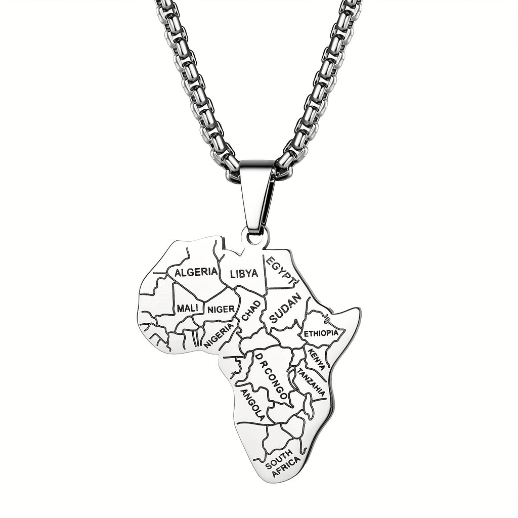Flongo Men's Classic African Necklace Stainless Steel African Map Necklace Pendant with Wheat Chain