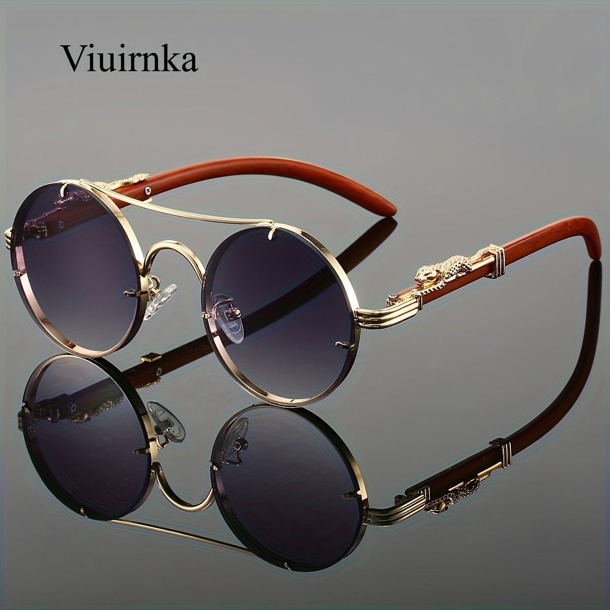 Fashionable Round Metal Frame Glasses with Gradient PC Lenses - Luxury Double Bridge Design, Leopard Detail Hinges, Stylish And Chic for Both Men And Women, Perfect for Vacation, Street Photography, And Includes Protection Case, As a Unique Gift