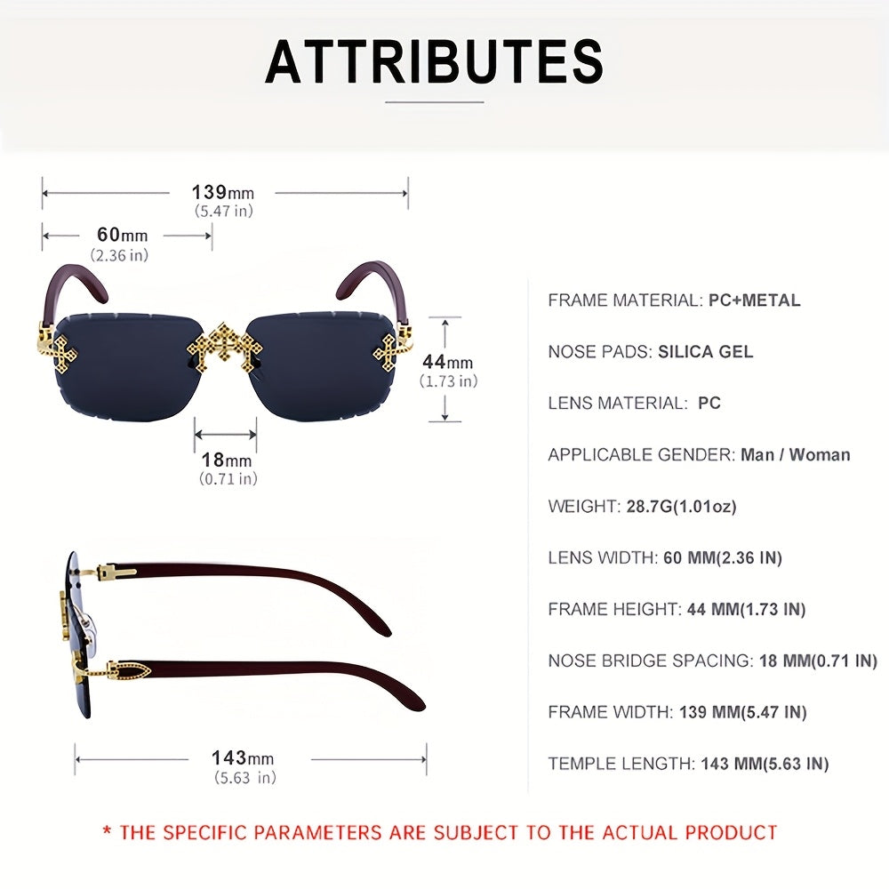 1 Pair of Men'S Frameless Square Fashion Glasses - Retro Wood Grain Design, Luxurious Gradient Tones, Stainless Steel Frame, PC Lenses, Suitable for Daily Wear And Special Occasions, Ideal Gift Choice