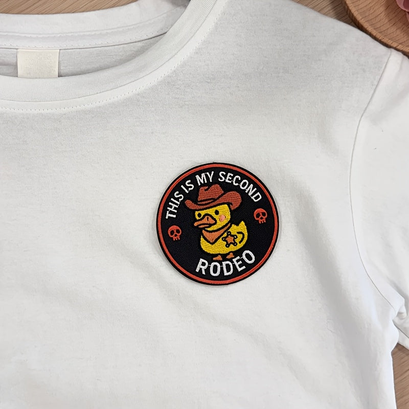 Set of 5 Humorous Cowboy Duck Patches Featuring The Phrase 'This Is My Second Rodeo' for Decorating Jackets, Backpacks, Hats, And Clothing. Can Be Ironed Or Sewn on