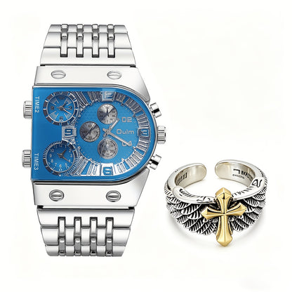 Gold Watch for Men Luxury Quartz Chronograph Roman Numeral Dial Date Multi-Timezone Alloy Band Business Formal Dress Wristwatch Golden Silver Blue Black