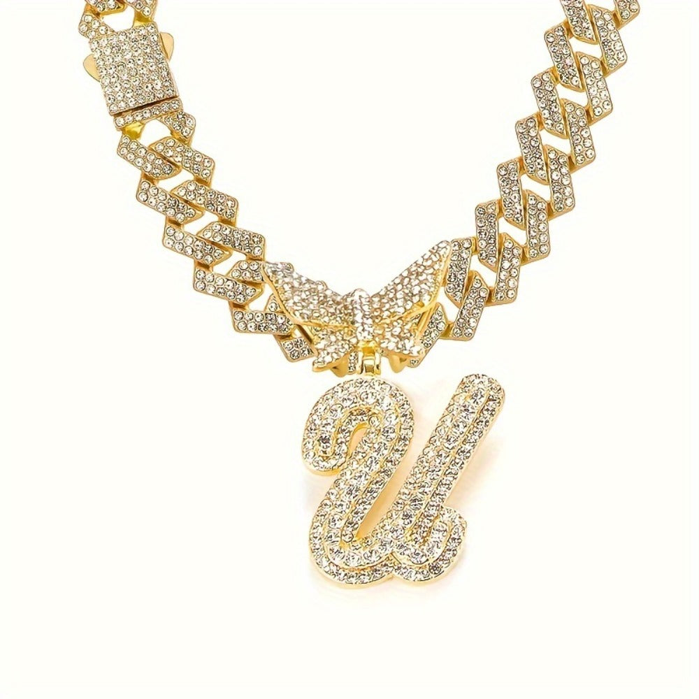 Cuban Link Chain Necklace - Initial Letter for Men Women - with Butterfly Alphabet Pendant A-Z, Gold & - product detail view