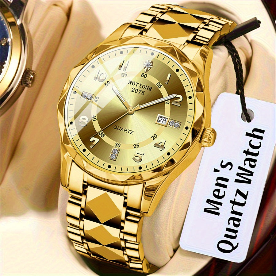 Men's Roman Numeral Rhinestone Quartz Watch Stainless Steel Strap – Date Display Minimalist Classic Design Fashion Wristwatch Gift, Golden Silvery Blue