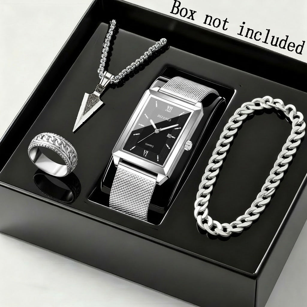 4pcs/Set Fashion Men'S Quartz Watch & Necklace Bracelet Set | Men'S Necklaces Ring, Men'S Bracelets Business Watch | Elegant Watch For Men, Zinc Alloy Case, Stainless Steel Strap, Non-Rechargeable Button Battery