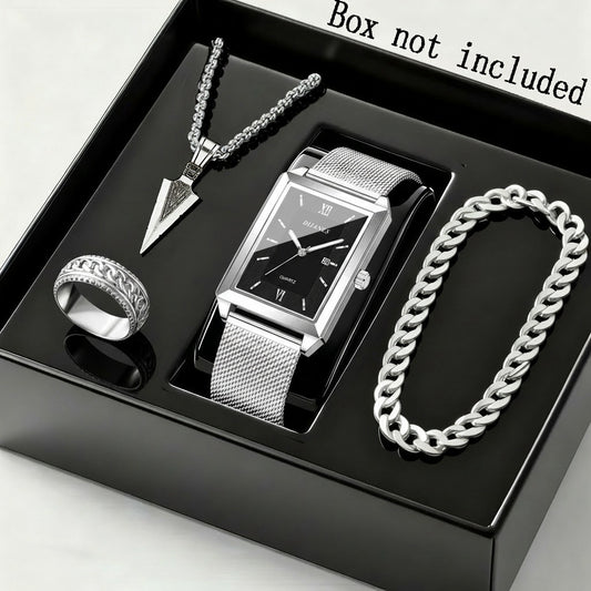 Men's Watch & Jewelry Gift Set 4-Piece – Quartz Watch, Necklace, Bracelet & Ring, Zinc Alloy Stainless Steel, Elegant Business Accessory