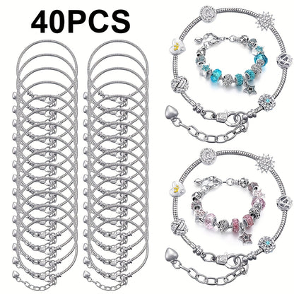 Snake Chain Bracelet Blanks 40pcs Set - Adjustable DIY Bead Pendant Bracelet with Heart Extension Chain for Jewelry Making, Craft Supplies Bulk
