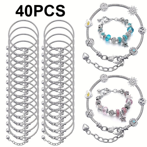 Snake Chain Bracelet Blanks 40pcs Set - Adjustable DIY Bead Pendant Bracelet with Heart Extension Chain for Jewelry Making, Craft Supplies Bulk