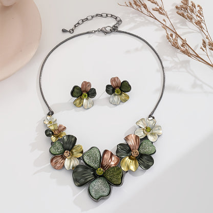 Boho Bib Necklace & Earring Set - Chunky Green Floral Leaf Vintage Statement Jewelry for Women, Bohemian Costume Jewelry for Wedding, Party & Prom, Unique Gift Set