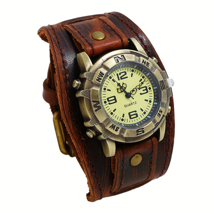 Men's Gothic Punk Watch | Wide Leather Cuff Wristwatch with Stainless Steel Case & Quartz Movement, Bold Statement Watch for Men – Halloween, Valentine's & Father's Day Gift