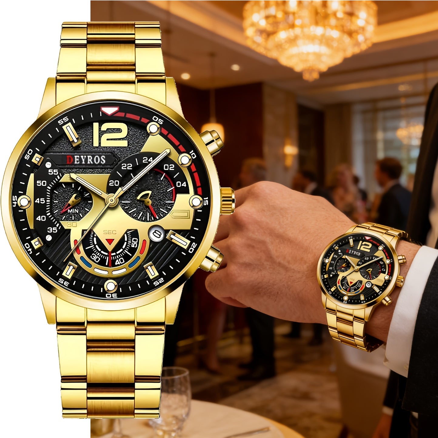 Men's Analog Quartz Watch Set 3pcs – Wristwatch, Matching Necklace & Bracelet Combo for Daily Wear, Elegant Fashion Accessory Gift for Him
