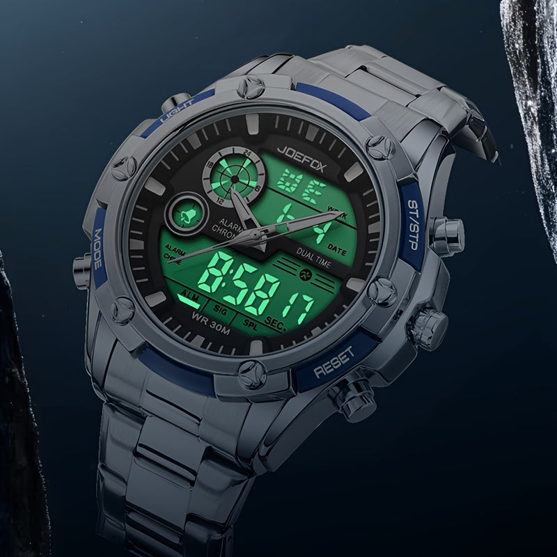 [Sport Wristwatch For Men] JOEFOX Men's Large Display Digital Watch - Stainless Steel Band, LED Backlight, 3ATM Waterproof, Chronograph, Alarm, Modern Sport Wristwatch For Men
