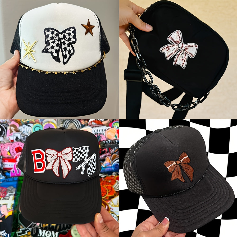 5-Pack Sports-Inspired Bow Patches, Assorted Rugby, Football & Baseball Embroidered Appliques, Iron-On/Sew-On Fabric Decorations for DIY Clothing, Hats & Bags, Casual Style, Washable & Dry Clean Safe