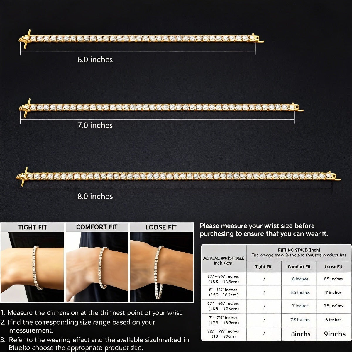 Moissanite Tennis Bracelet S925 Sterling Silver Gold - 4mm Bright Cut Arranged Stones, Elegant French Style Women's Bracelet for Wedding Birthday Gift, 6-9 Inch