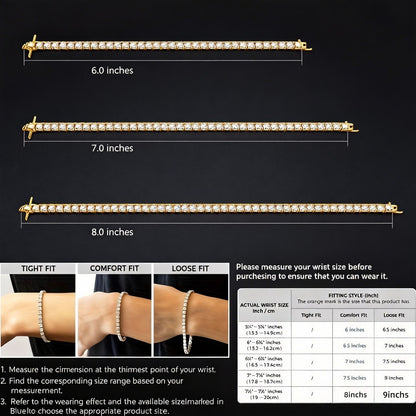 Moissanite Tennis Bracelet S925 Sterling Silver Gold - 4mm Bright Cut Arranged Stones, Elegant French Style Women's Bracelet for Wedding Birthday Gift, 6-9 Inch