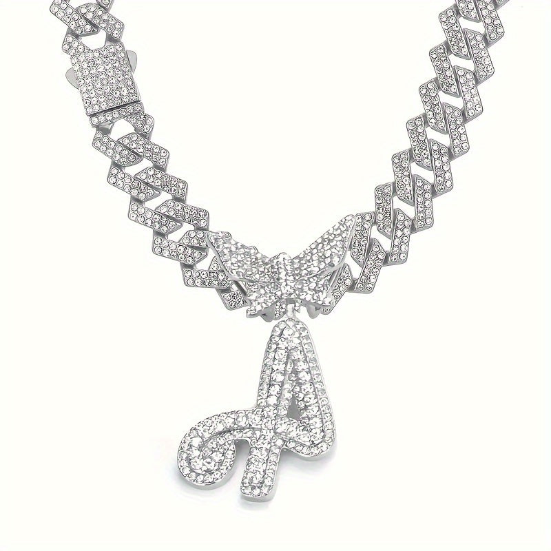 Cuban Link Chain Necklace - Initial Letter for Men Women - with Butterfly Alphabet Pendant A-Z, Gold & - product detail view