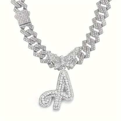 Cuban Link Chain Necklace - Initial Letter for Men Women - with Butterfly Alphabet Pendant A-Z, Gold & - product detail view