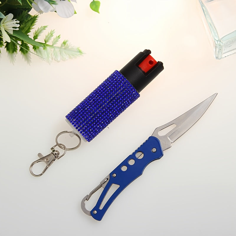 Unisex Safety Keychain Set Including Spray And Mini Pocket Knife, Ideal As Holiday Gifts And Easy for Daily Carry