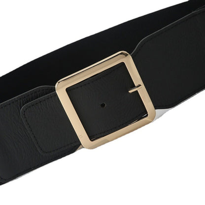French Style Elastic Waist Belt for Women - Minimalist Square Buckle Stretchy Waistband, Elegant Chic Fashion Belt for Daily Commute Gatherings Parties Gift One Size Black