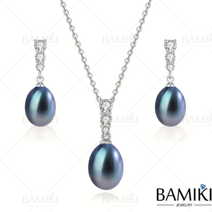 Pearl Pendant Necklace Set S925 Sterling Silver Freshwater Cultured Pearl 9-10MM Pendant Jewelry Set for Women Gift