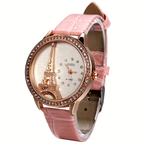 Jewelrywe Women's Eiffel Tower Rhinestone Quartz Watch — Fashion Analog Wristwatch with Faux Leather Band, Elegant Dial, Cute Gift for Ladies & Girls