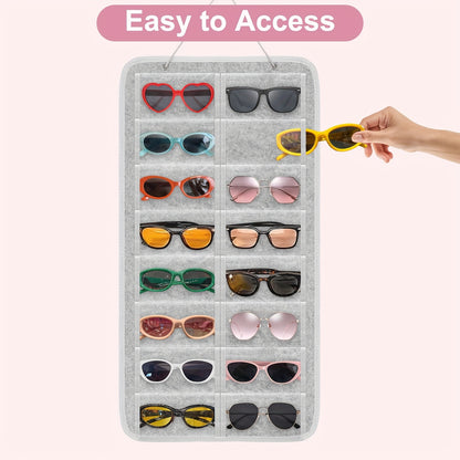 Sunglasses Organizer 16 Pockets Hanging Wall-Mounted Felt Storage Bag — Foldable Over-Door Eyewear Holder for Glasses, Jewelry & Accessories | Black & Grey