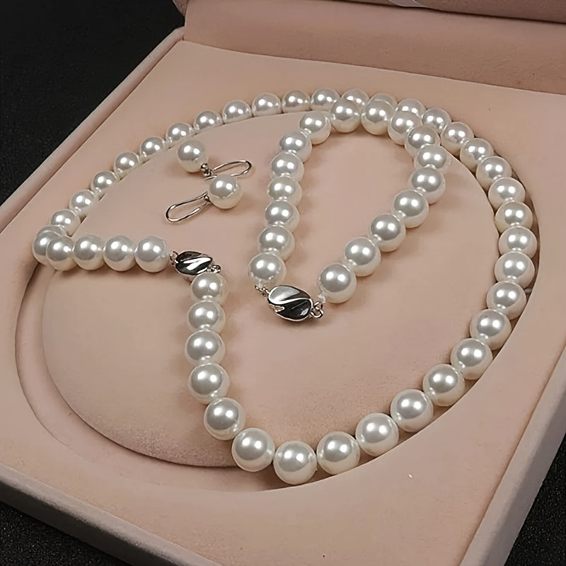 [Freshwater Freshwater Pearls Necklace Jewelry Set] 925 Sterling Silvery Freshwater Cultured Freshwater Pearls Necklace Set with Amazing Bracelet and Earrings Jewelry Set - Gift for Others, Banquet, Party, Autumn and Winter Sweater Accessories