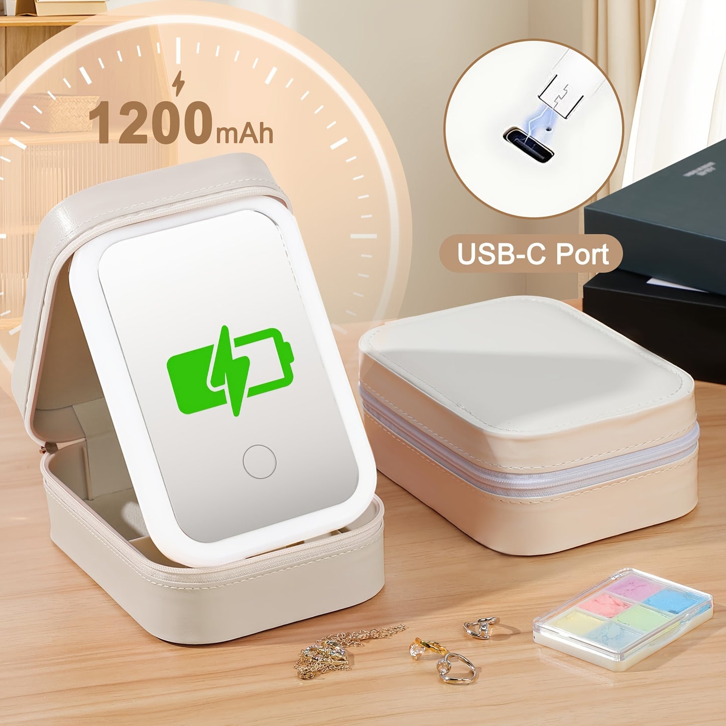 Travel Makeup Bag with LED Mirror Jewelry Box Portable Rechargeable 3 Color Adjustable Light Vanity Case Organizer Wedding Bridal Mother's Day Gift