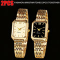 2pcs Women's Elegant Golden-Tone Watch Set - Stainless Steel Quartz Analog Wristwatches with Rectangular Dial & Round Case, Non-Shock Resistant Suitable for Casual/Dressy,,, Special Occasions