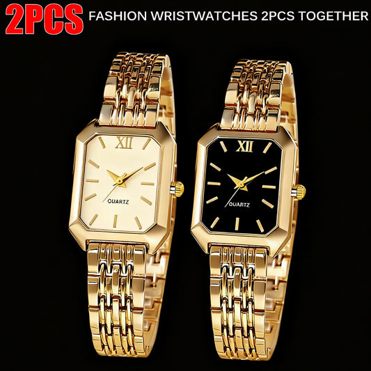 2pcs Elegant Luxurious Gold-tone Women'S Watch Set | Casual Rectangular-dial Analog Wrist Watches with Stainless Steel and Band, Non, Shock-resistant, Special Gift for Women