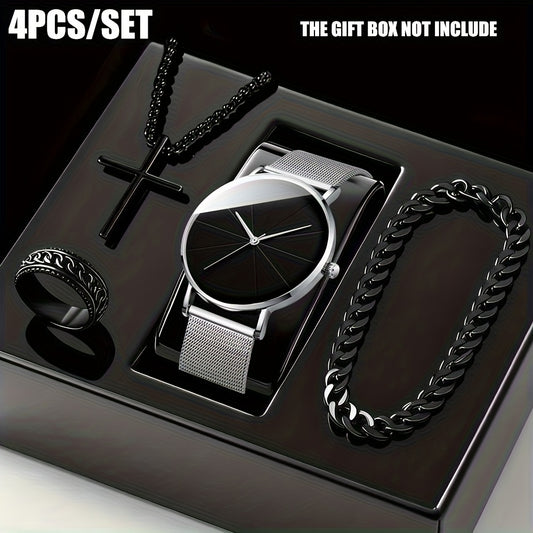 Men's Watch & Jewelry Set 4pcs – Quartz Watch, Ring, Necklace & Bracelet Fashion Accessory Bundle for Men, Cool Black Gift Set