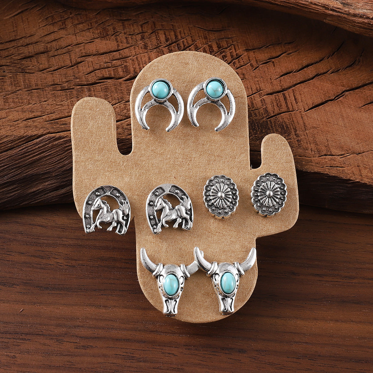 20 Pairs Western Style Stud Earrings Set - Vintage Turquoise Bull Skull, Flower, Horseshoes, Cactus, Heart, Cowboy Boot Designs for Daily Wear, Gift for Her