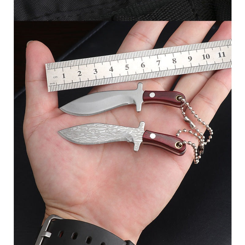 10pcs Random Premium Mini Knife Keychain Set (5 Knives And 5 Knife Sets), Damascus Pattern Pendant Blade, with Leather Cover, Stainless Steel, Non-Foldable, Straight Back, Flat Blade, Lightweight, Luxury Portable EDC Pocket Tool