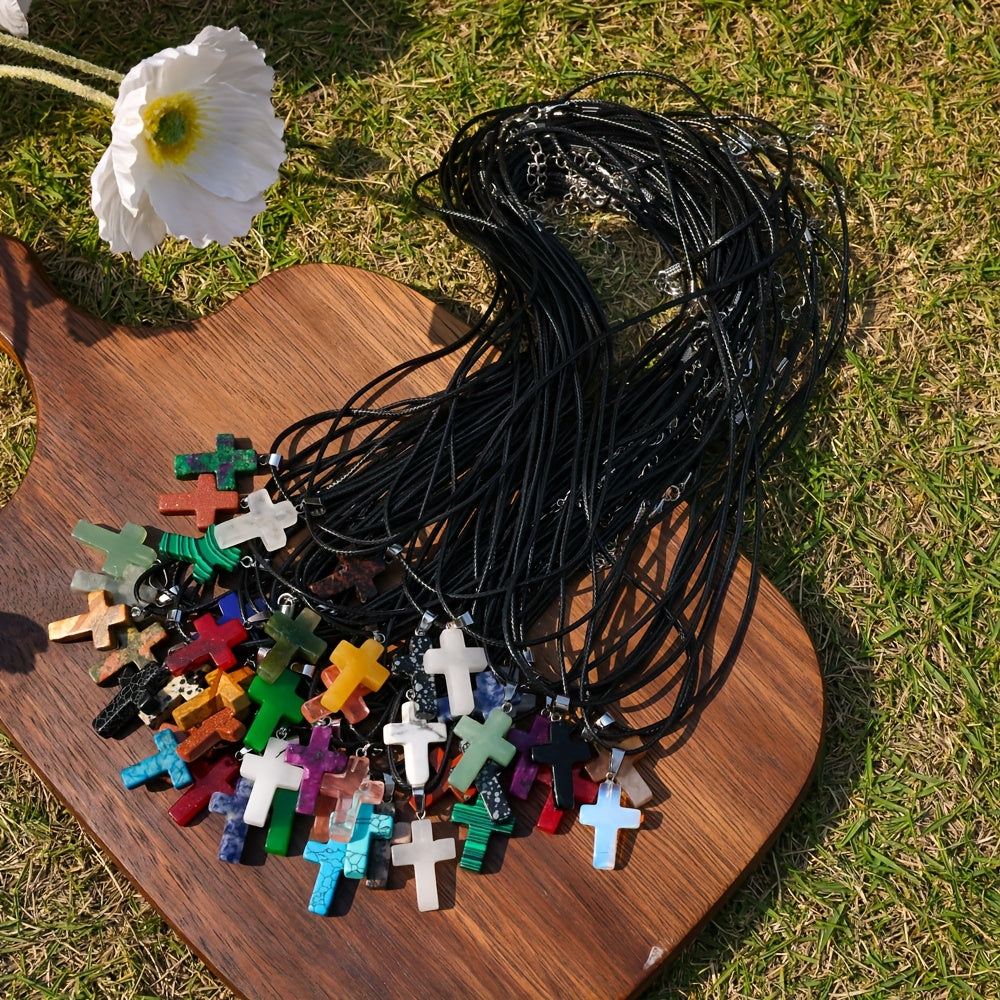 50pcs Natural Stone Cross & Black Necklace Set - 25pcs Colorful Texture Natural Stone Cross Pendant + 25pcs Black Necklace for DIY Jewelry Making, Bracelets, Earrings & Craft, For Teenager