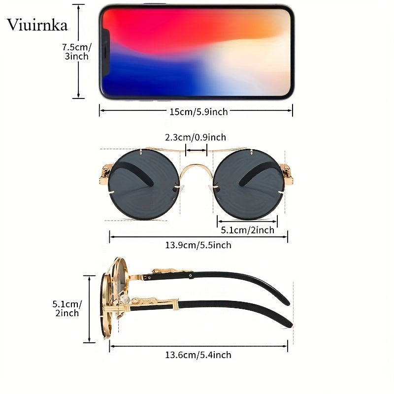 Fashionable Round Metal Frame Glasses with Gradient PC Lenses - Luxury Double Bridge Design, Leopard Detail Hinges, Stylish And Chic for Both Men And Women, Perfect for Vacation, Street Photography, And Includes Protection Case, As a Unique Gift