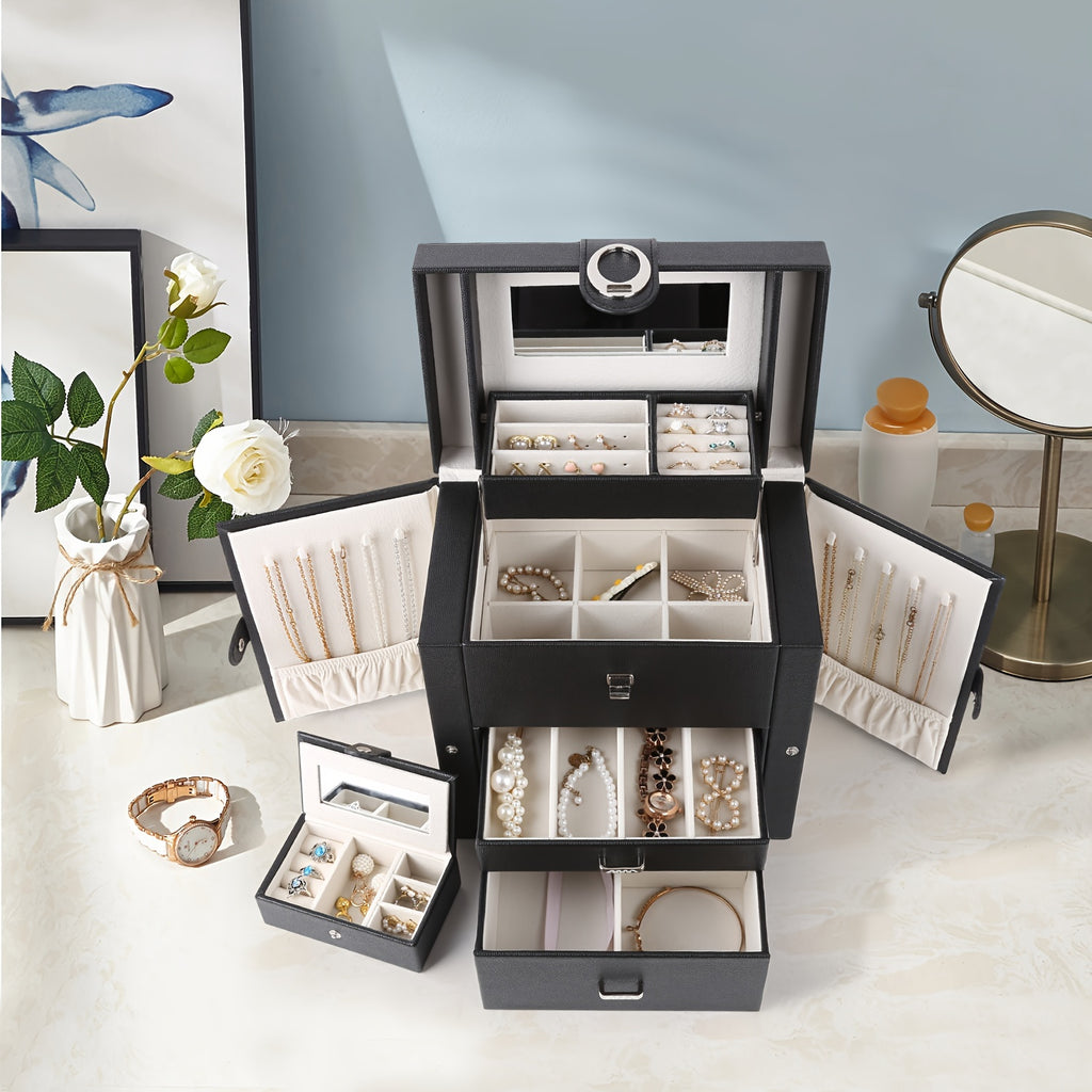 Women's Jewelry Box, Faux Leather Jewelry Storage Box with 2 Drawers and Mirror, Portable Travel Necklace, Ring Storage Box, Black