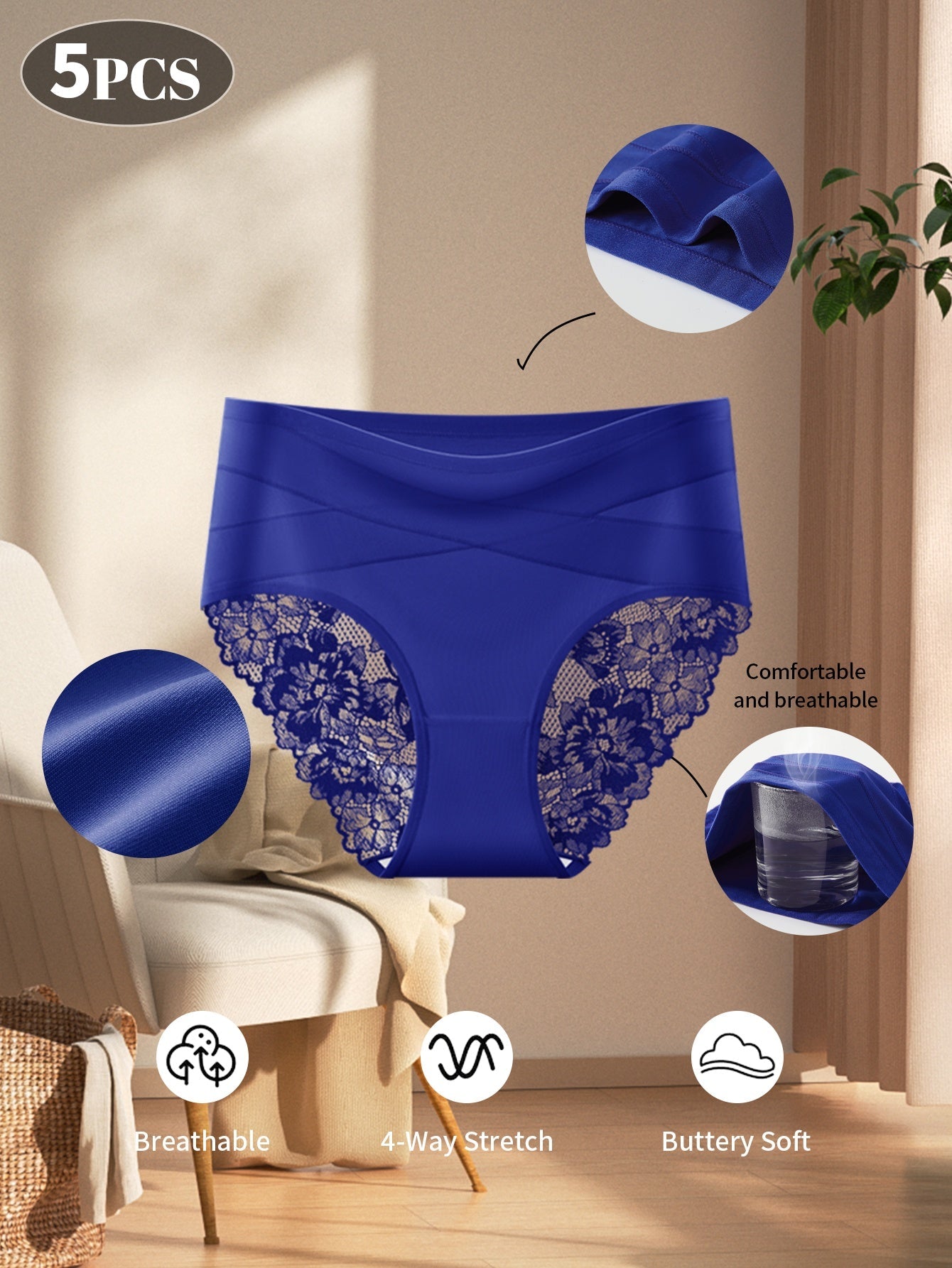5pcs Women's High Waisted Tummy Control Briefs Elegant Lace Detailing Soft Elastic – view 9