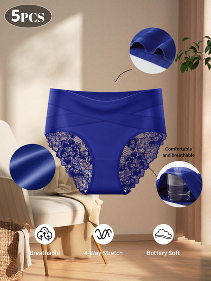 5pcs Women's High Waisted Tummy Control Briefs Elegant Lace Detailing Soft Elastic – view 9