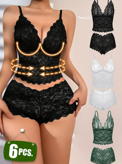 6-Pack Women's Bra and Panty Lingerie Set - Floral Lace Coordinated Style – view 7