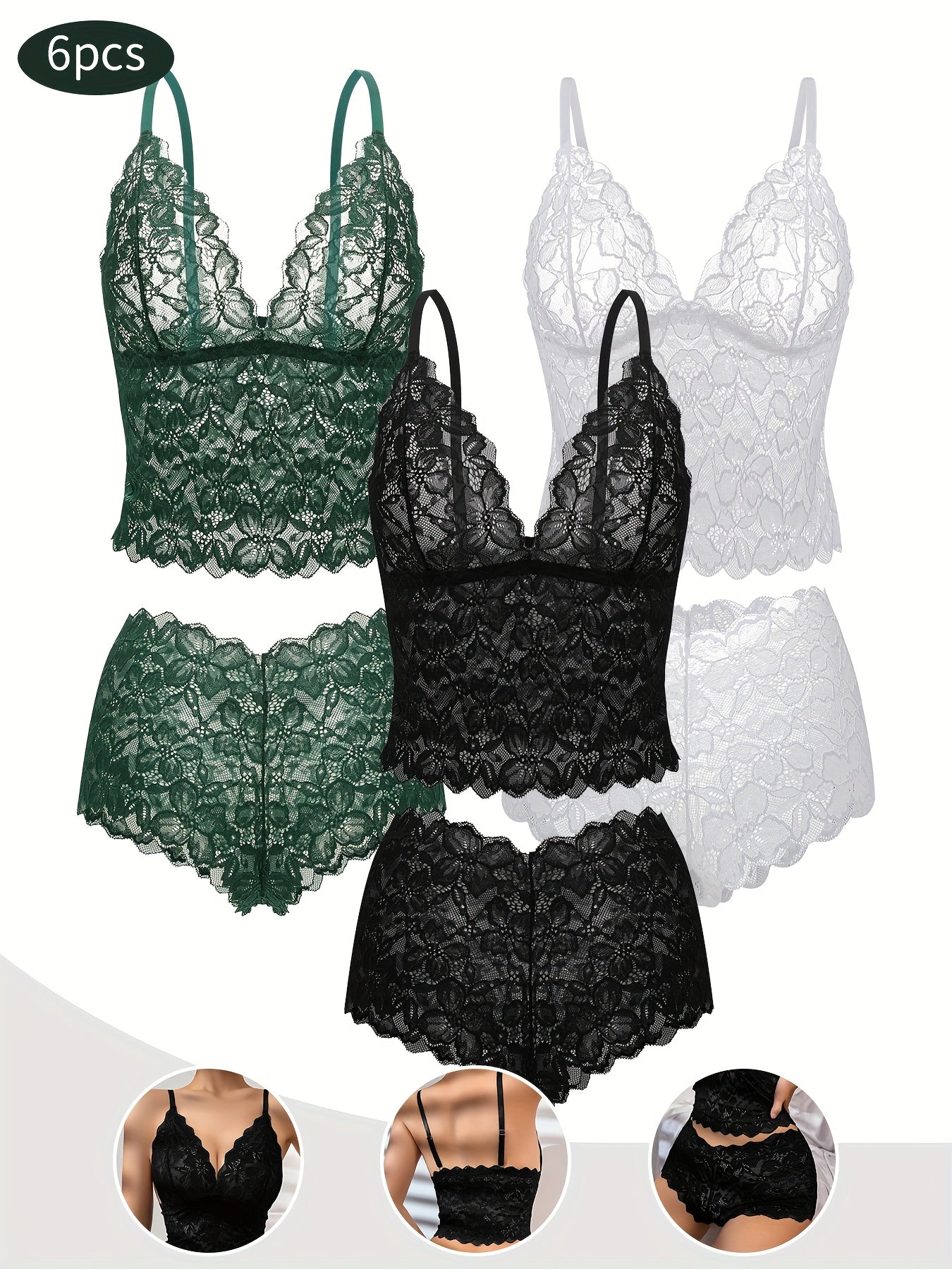 6-Pack Women's Bra and Panty Lingerie Set - Floral Lace Coordinated Style – view 8