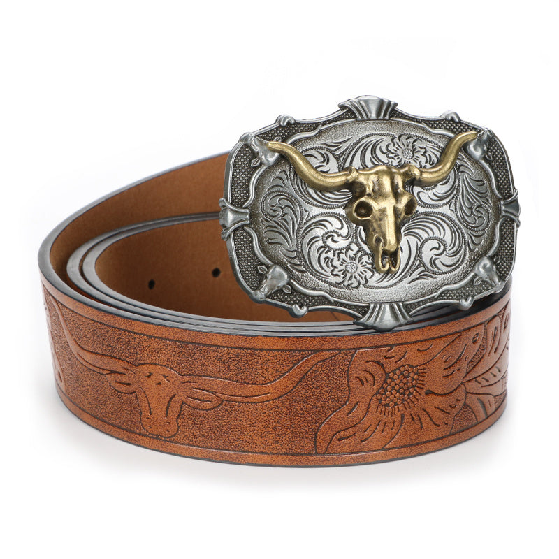 2pcs Men'S Western Cowboy Faux Leather Belts with Bull Buckle | Durable Embossed Floral Design in Black & Brown - Perfect for Western Events, Parties & Gifts | Brand: VERSDO, Buckle Material: Zinc Alloy Golden