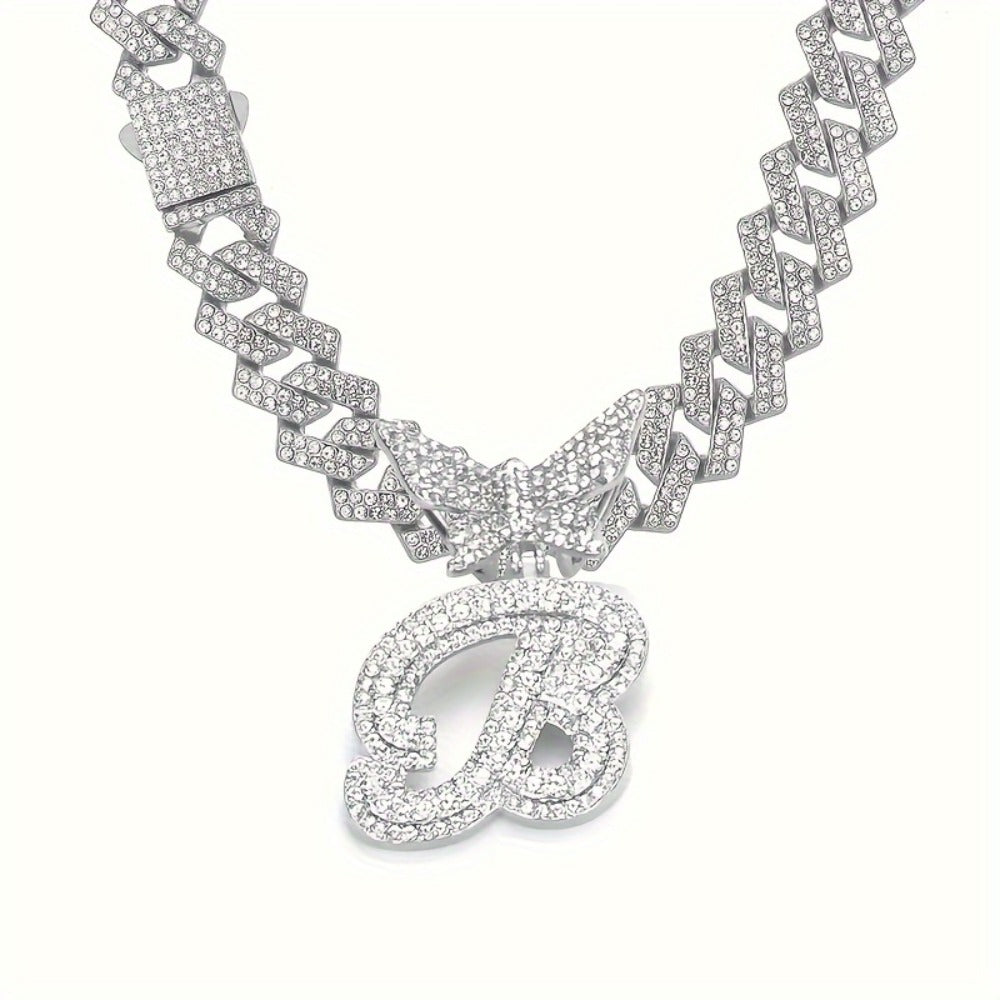 Cuban Link Chain Necklace - Initial Letter for Men Women - with Butterfly Alphabet Pendant A-Z, Gold & - product detail view