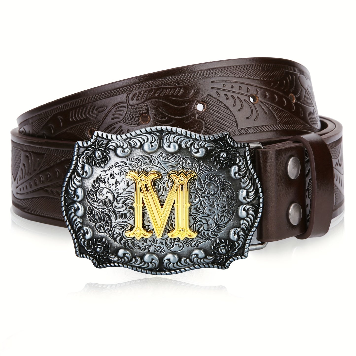 Western Belt for Men - Embossed Floral Cowboy Belt, Longhorn Bull Pattern Big Buckle, Faux Leather, Sizes 34-44, 23 Colors, Stylish & Durable