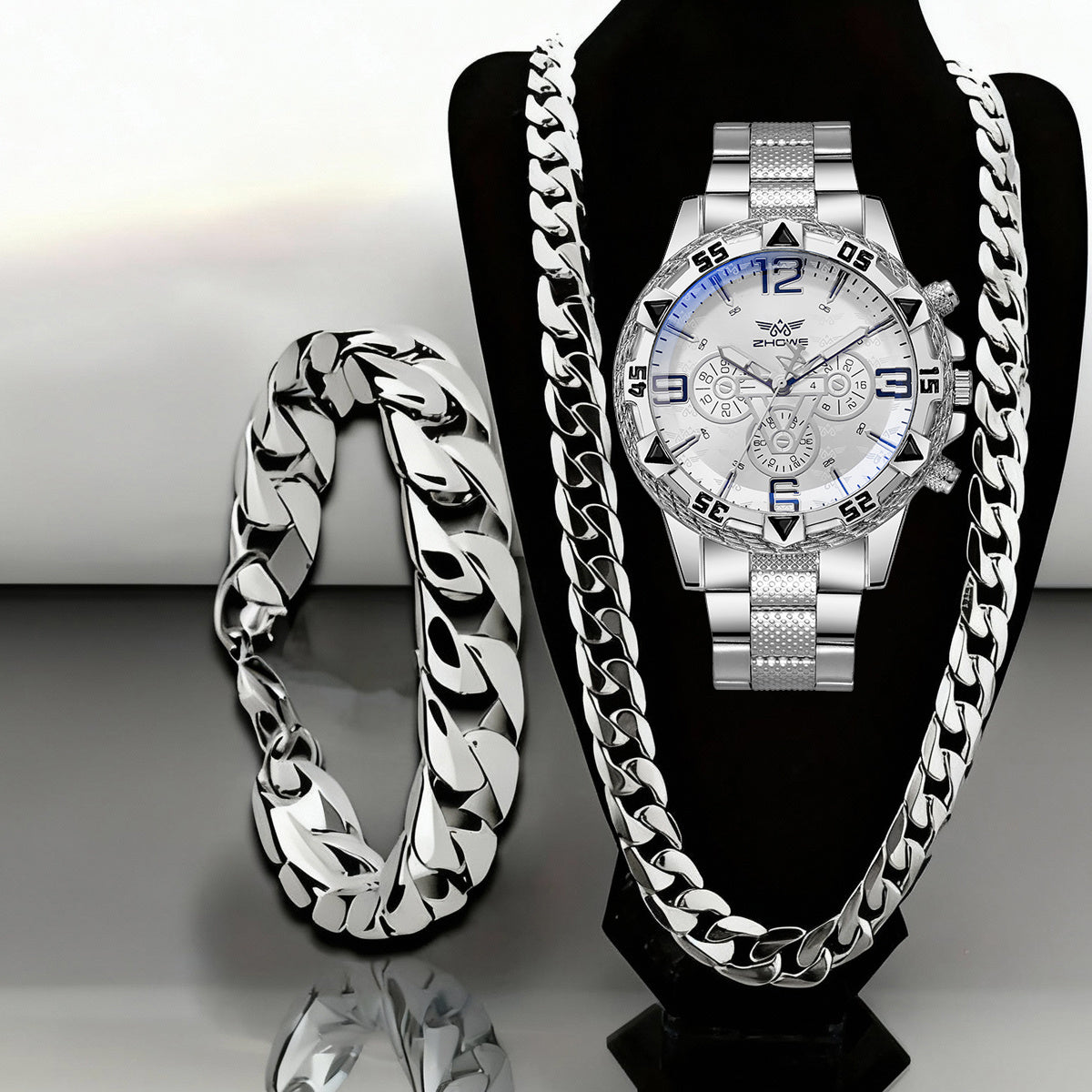 3pcs Luxury Men's Quartz Watch & Bracelet Set with Necklace - Stainless Steel Strap, Large Dial Analog Business Watches, Round Alloy Case - Durable Watch Gift Suitable for Christmas, Thanksgiving, Day of the Dead - Elegant Men's