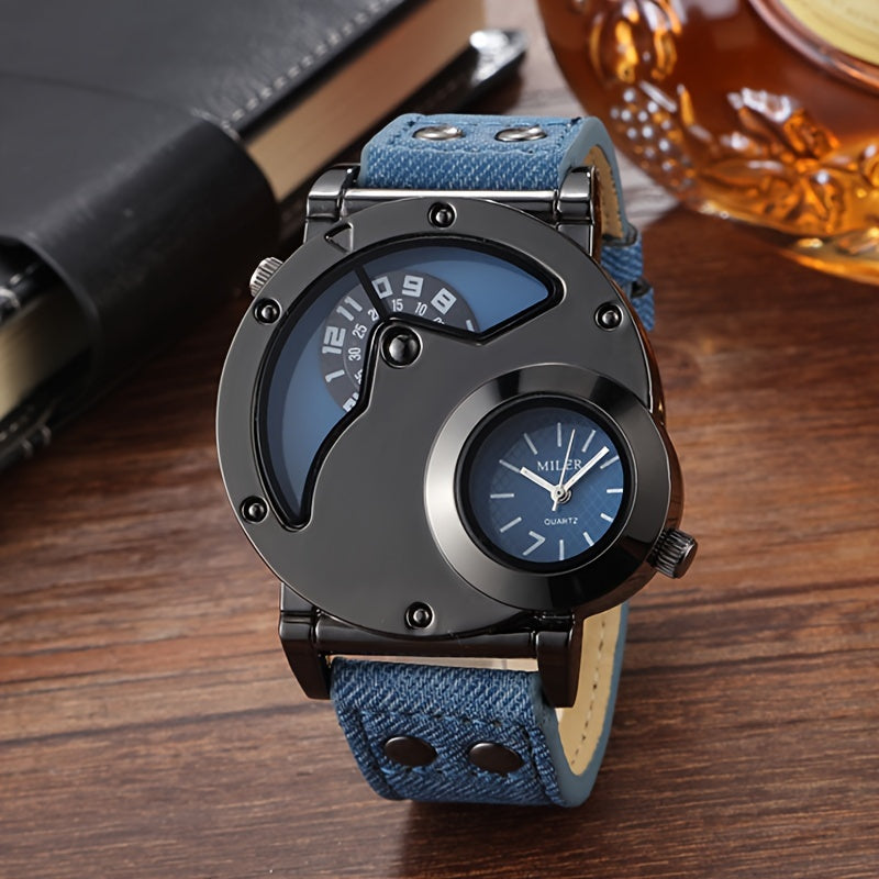 Vintage Men Watch Big Dial Double Time Shows PU Leather Business Quartz Watches for Man Analog Hot Deal Clock