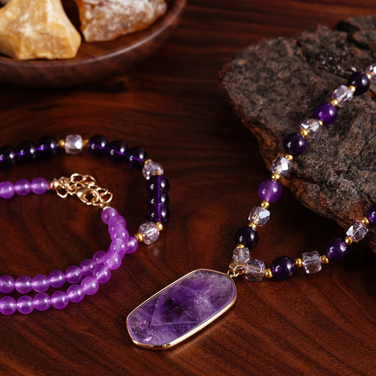 2pcs/Bohemian Style Vintage Natural Amethyst Double-Layer Necklace with Elegant Purple Natural Stone Pendant, Women's Jewelry, Suitable for Mother's Day and Daily Wear, Handicraft